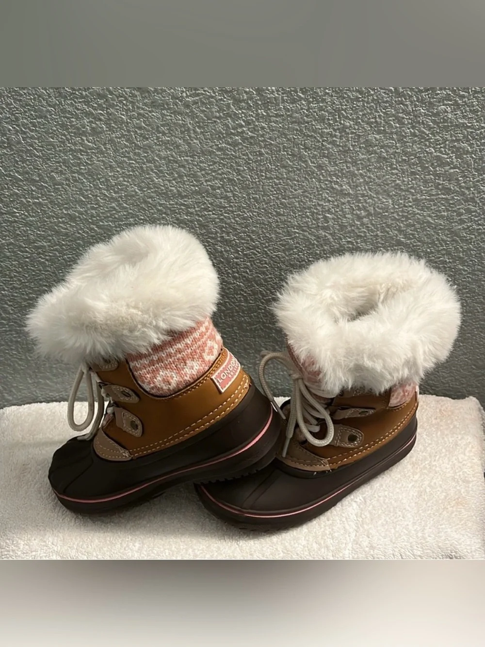 London fog toddler Brown Winter Duck Boots with Pink Knit Cuff and Faux-Fur Trim